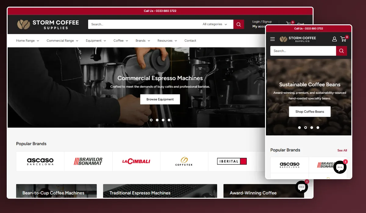 A screenshot of Storm Coffee Supplies' website layout on desktop and mobile.