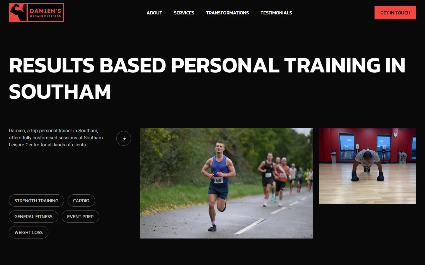 Screenshot of Damien's Dynamic Fitness homepage showing personal training services in Southam.