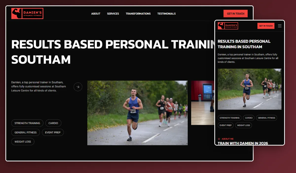 A screenshot of the desktop and mobile sites of Damien's Dynamic Fitness.