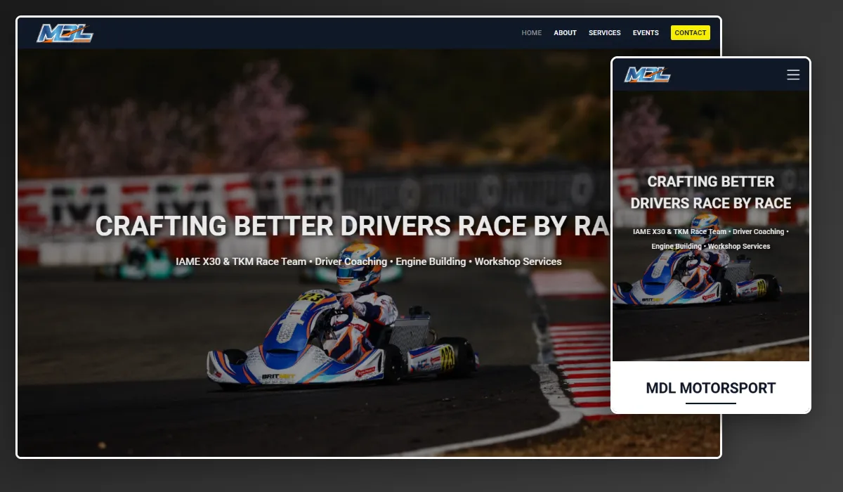 A screenshot of MDL Motorsport's website layout on desktop and mobile.