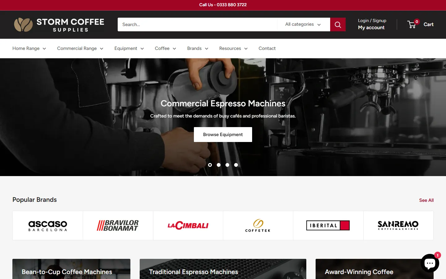 Screenshot of the desktop view of Storm Coffee Supplies.